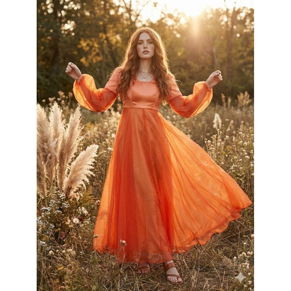 Vintage 1970s Bright Orange Organza Maxi Dress Bishop Sleeve Empire Waist Boho S